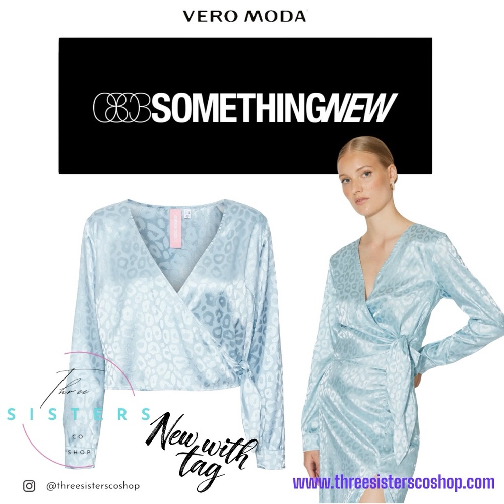 Something New Mia Tie Top Wrap Blouse NWT Light Blue Topaz Vero Moda Medium